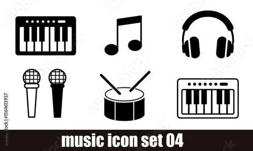 music icon set 04 : microphone, piano, keyboard, organ, headphones, octaves, notes, silhouette, set, music, percussion, drum