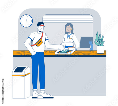 Customer depositing cash at bank teller counter 2D vector illustration. Foreign currency exchange. Banking cashier window booth flat characters isolated on white background. Colorful cartoon image
