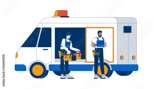 Cash in transit vehicle armored guards transport money 2D vector illustration. Two security personnel unload bags from bank truck flat characters isolated on white background. Colorful cartoon image