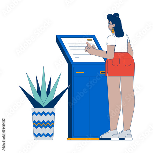 Latina woman using self service banking kiosk 2D vector illustration. Female customer interacts with touchscreen payment terminal flat character isolated on white background. Colorful cartoon image