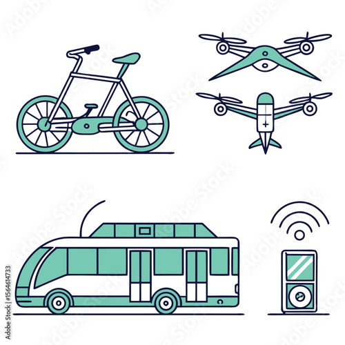 Illustration of a bicycle, two drones, a bus, and a device with a wifi symbol displayed on a white background