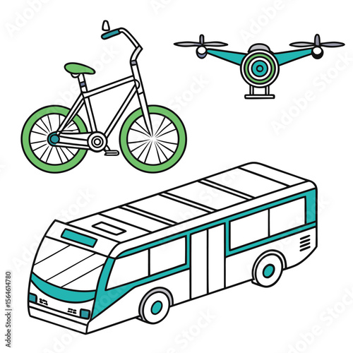Illustration showing a bicycle a drone and a bus with green and white color scheme on a white background