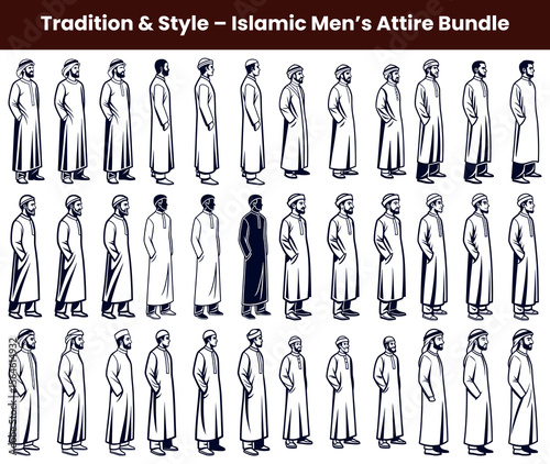 Islamic Men's Clothing Set Traditional Thobes and Headwear Illustration Bundle