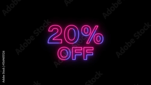 Glowing neon 20% off sign banner product discount promotion offer.Neon 20% off sell discount icon animated video.