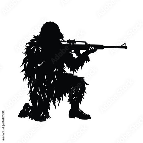 Sniper in ghillie suit aiming rifle silhouette vector illustration