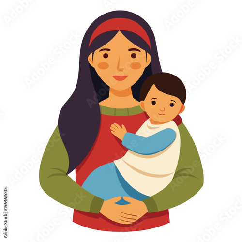 A mother cradling a baby, both in soft, traditional attire, symbolizing love, nurture, and cultural heritage