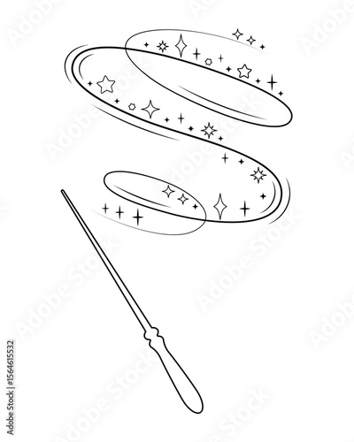 Magic wand with sparkling swirls and stars. Enchanted line art illustration of a wand casting a magical spell. Decorative fantasy element with sparkles and curves.