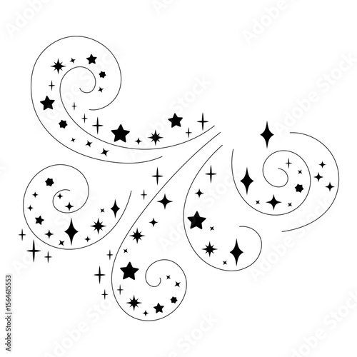 Abstract magical swirl with sparkling stars. Decorative fantasy starburst design in black and white line art style for spell or enchantment themes.