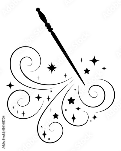 Magic wand casting a sparkling spell with swirls and stars. Enchanted fantasy line art illustration for magical themes and fairy tale concepts.