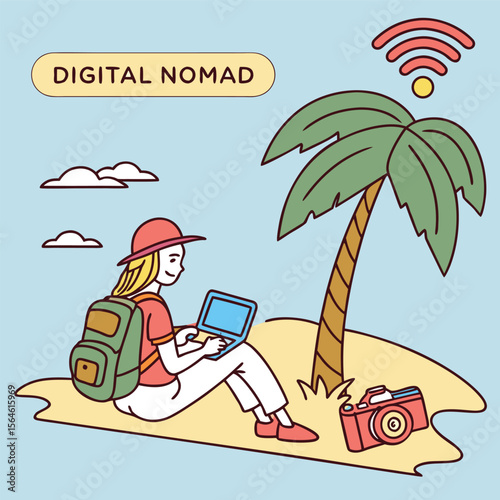 Illustration of a digital nomad working on a laptop under a palm tree on a tropical beach scene