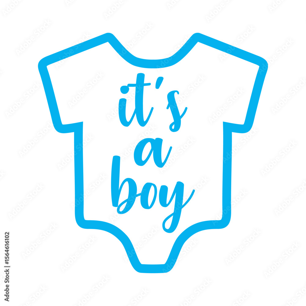 Anuncio de llegada de bebé niño. Letras mensaje it's a boy en texto manuscrito en mono de bebé con líneas color azul 