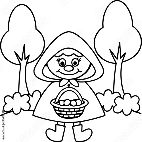 Cartoon Little Red Riding Hood with a basket of mushrooms in the forest