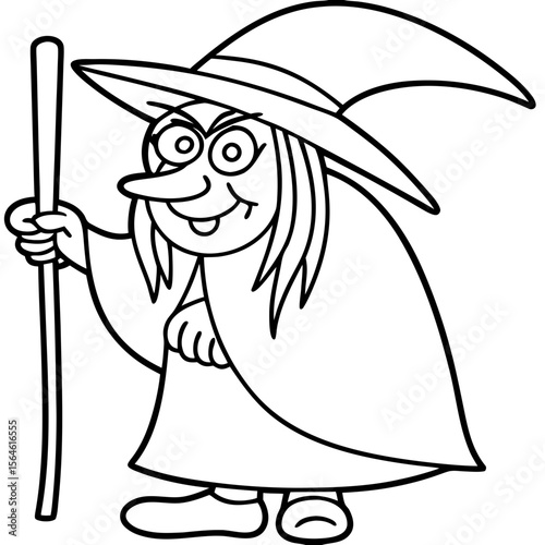 Smiling cartoon witch with hat and staff line drawing