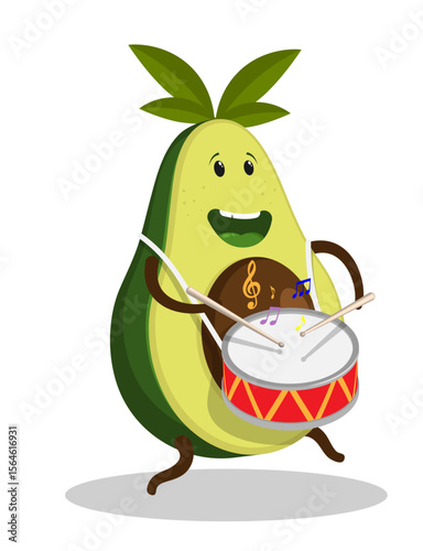 Cheerful avocado character street drummer of ceremonial orchestra cheerfully beats a drum on a carnival concert. Cartoon vector isolated on white background