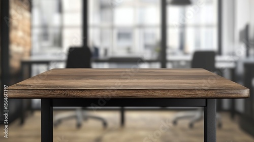 A wooden table with black metal legs in an office setting with blurred background and natural lighting