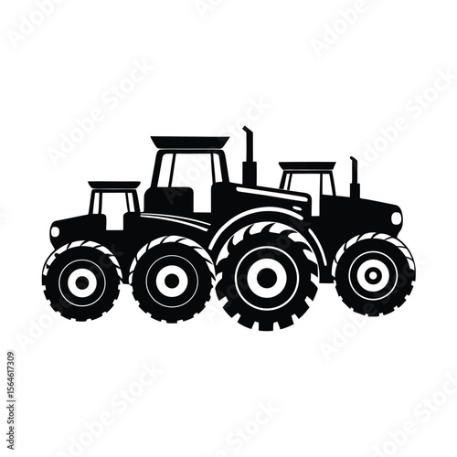 Three tractors arrangement black silhouette vector illustration