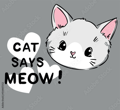 Hand Drawn Cat Meow cute cartoon cat vector illustration for kids print