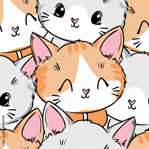 Seamless pattern with cute cartoon cats, vector illustration for kids and textile design
