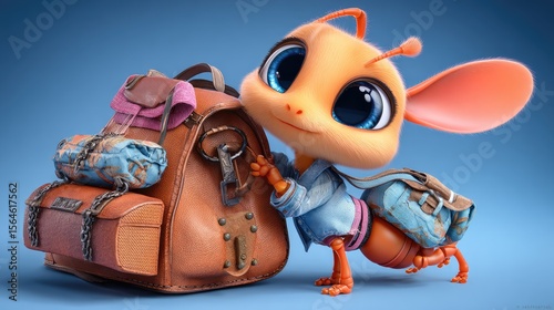 Adventure Anticipation: A charming cartoon ant, backpack in tow, exudes an adventurous spirit, poised to embark on an exciting journey. Captured in a vibrant illustration style.