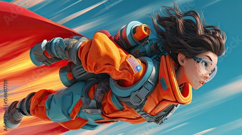 Girl in Jetpack Soaring Through Sky: A young girl soars through the sky in a vibrant orange and teal jetpack, with a flowing red cape billowing behind her, creating a dynamic and exciting scene.