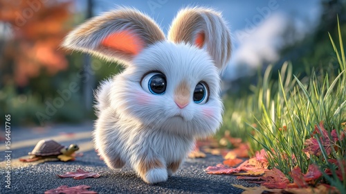 Whimsical Bunny on Path: A fluffy, adorable bunny with endearing eyes and rosy cheeks ambles along a sun-dappled path, surrounded by the warm hues of autumn leaves.