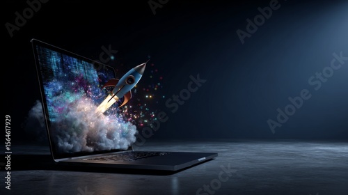 Obraz na plátně Rocket launching from laptop screen digital data smoke sparks Technology