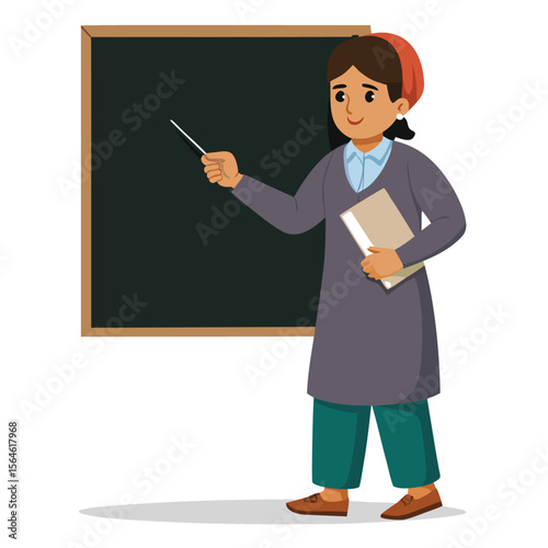 A Pakistani teacher writing on a blackboard, wearing traditional attire, symbolizing education and cultural values