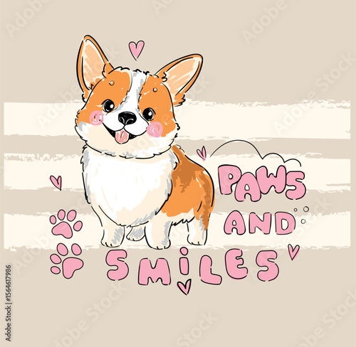 Cute Corgi hand drawn illustration vector, Kids Print t-shirt