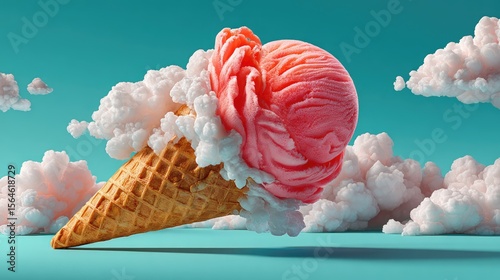 Dreamy Ice Cream Cone: A dreamy ice cream cone of strawberry flavor amidst fluffy clouds creates a whimsical summer scene.