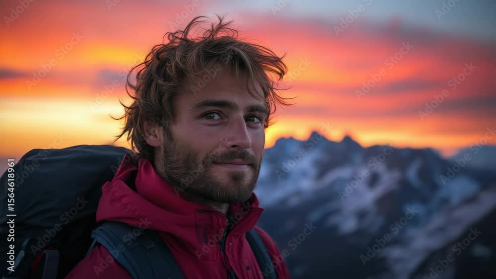 Young man backpack hiking mountain sunset nature adventure outdoor travel landscape smiling confident enjoying beautiful colorful scenery and peaceful environment Young man backpack hiking mountain sunset nature adventure outdoor travel landscape smiling confident enjoying beautiful colorful scenery and peaceful environment