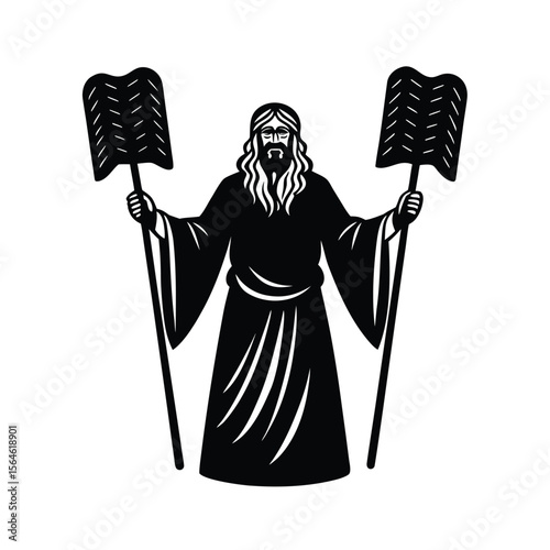 Priest holding ceremonial objects silhouette vector illustration