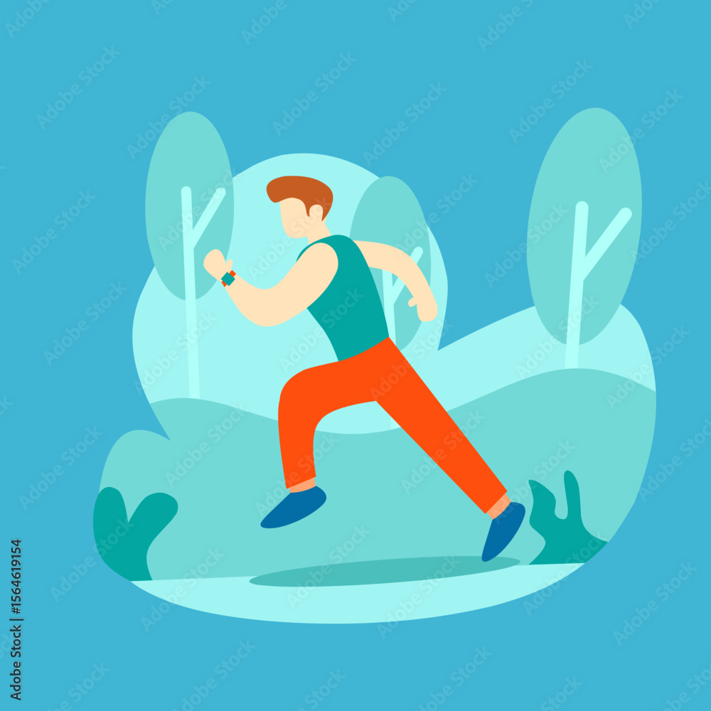Fototapeta premium A man running and exercising in a park. Flat design illustration, perfect for fitness, health, lifestyle, and sport concepts.