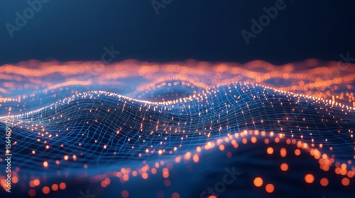 A digital landscape with blue grid lines and orange glowing dots on a dark blue gradient background