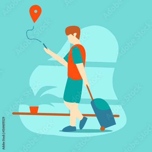 A man walking and using a map for navigation. Flat design illustration, suitable for travel, adventure, exploration, and tourism themes.