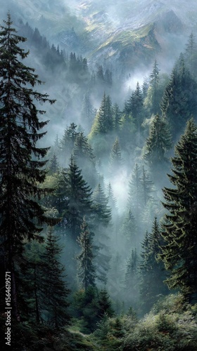 Serene Vertical Panorama of Dense Fir Forest Enveloped in Mist