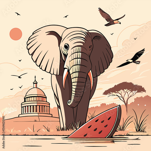 Elephant near capitol building with birds and watermelon in a surreal landscape scene art style