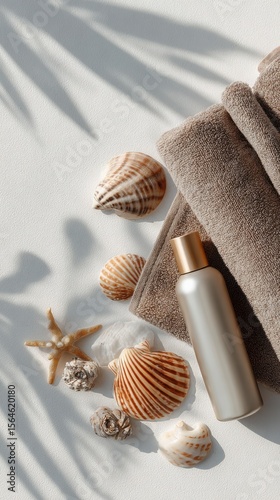 Flat lay of beach essentials sunscreen stylized render