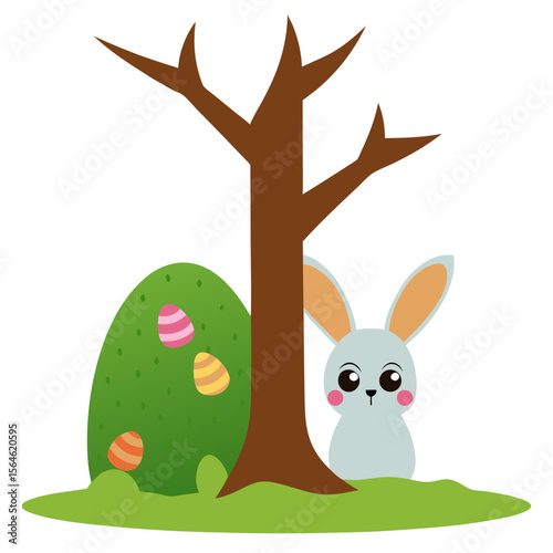 Cute cartoon bunny peeking from behind a tree with decorated easter eggs