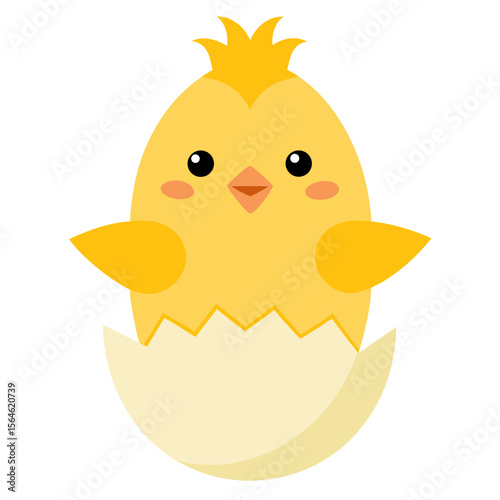 Cute cartoon baby chick hatching from a cracked eggshell