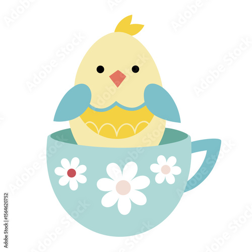 Cute yellow chick with blue wings sitting in a floral decorated teacup