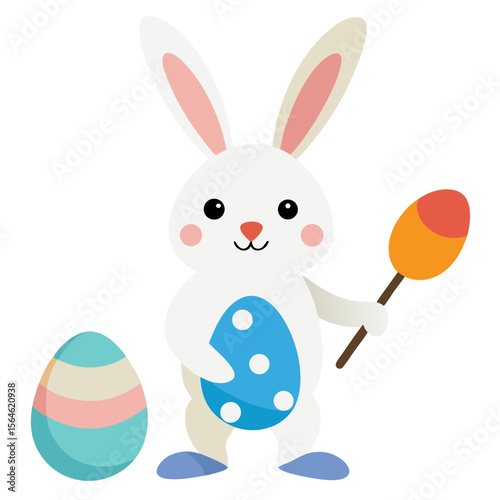 Cute cartoon easter bunny holding a painted egg and standing next to another decorated egg