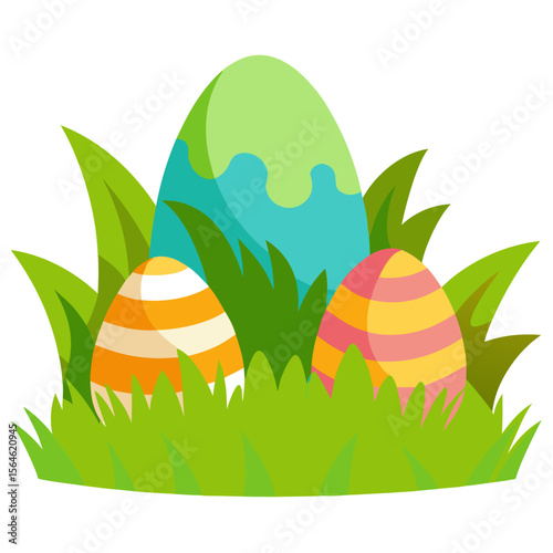 Colorful easter eggs hidden in green grass on a white background