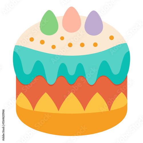 Festive easter cake decorated with colorful eggs and frosting
