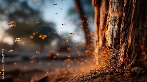 Wide Shot of Flying Ants Swarming Around a Tree Trunk at Sunset