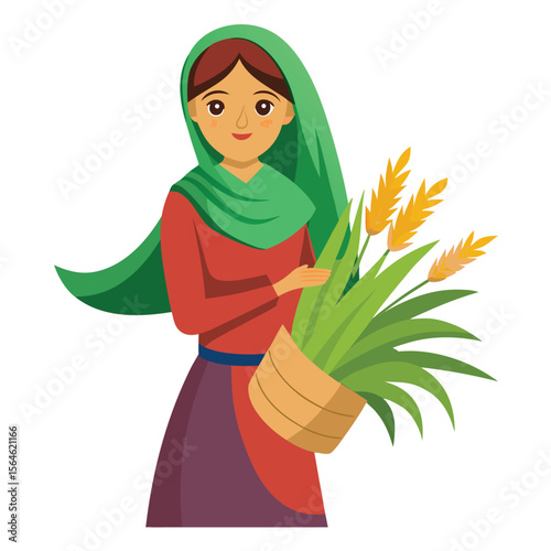 A Pakistani woman working in a field, carrying a basket, showing agricultural life and cultural resilience