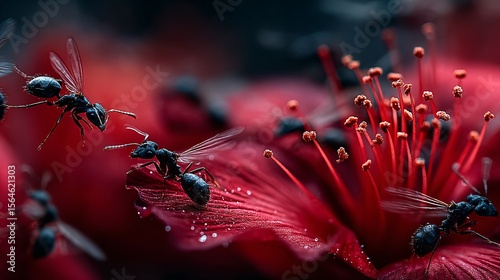 Close-Up Macro Shot of Flying Ants on a Vibrant Flower Petal