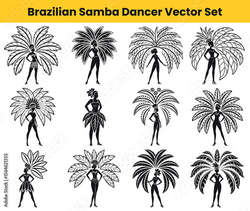 Silhouette Set of Twelve Brazilian Samba Dancers in Carnaval Costumes
