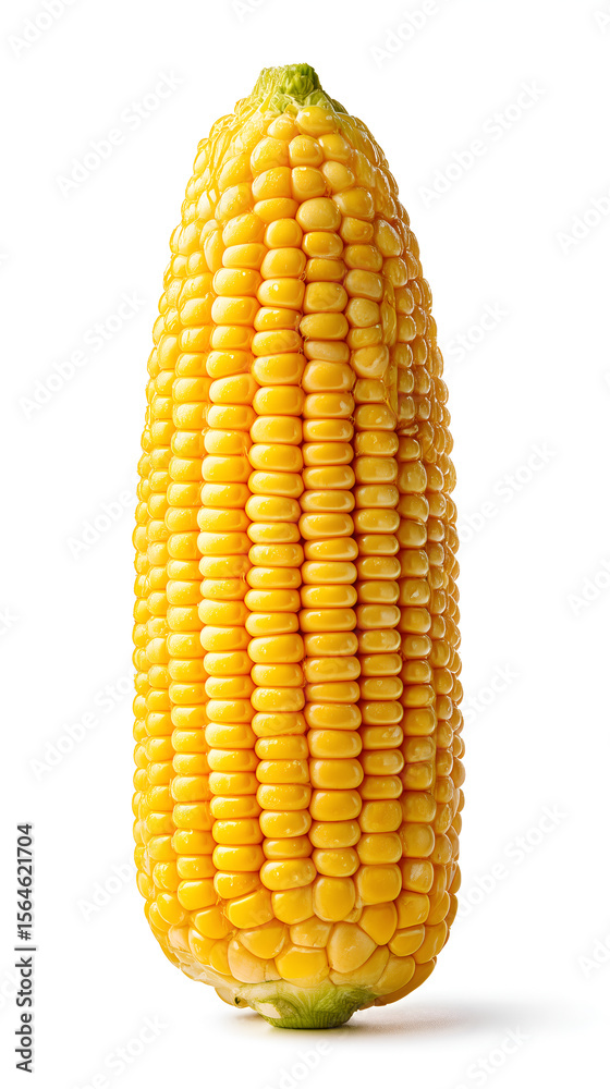 Obraz premium a close-up studio shot of a single ear of corn, fresh and ripe for harvest. The corn showcases its vibrant yellow kernels