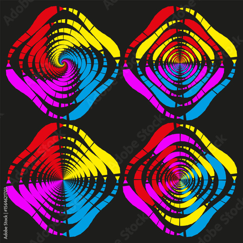 Bright swirl collection. Colorful spiral vector. Dynamic rotation set. Vibrant whirl graphics.