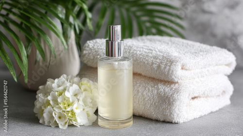Clear serum bottle with pump beside folded towels and white flowers for facial care beauty wellness and clean luxury skincare photos